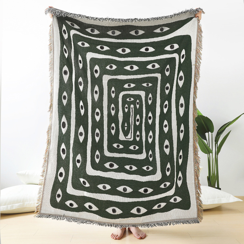Boho Throw Blanket Fringe - 녹색 흰색 악마의 눈 자카드 담요